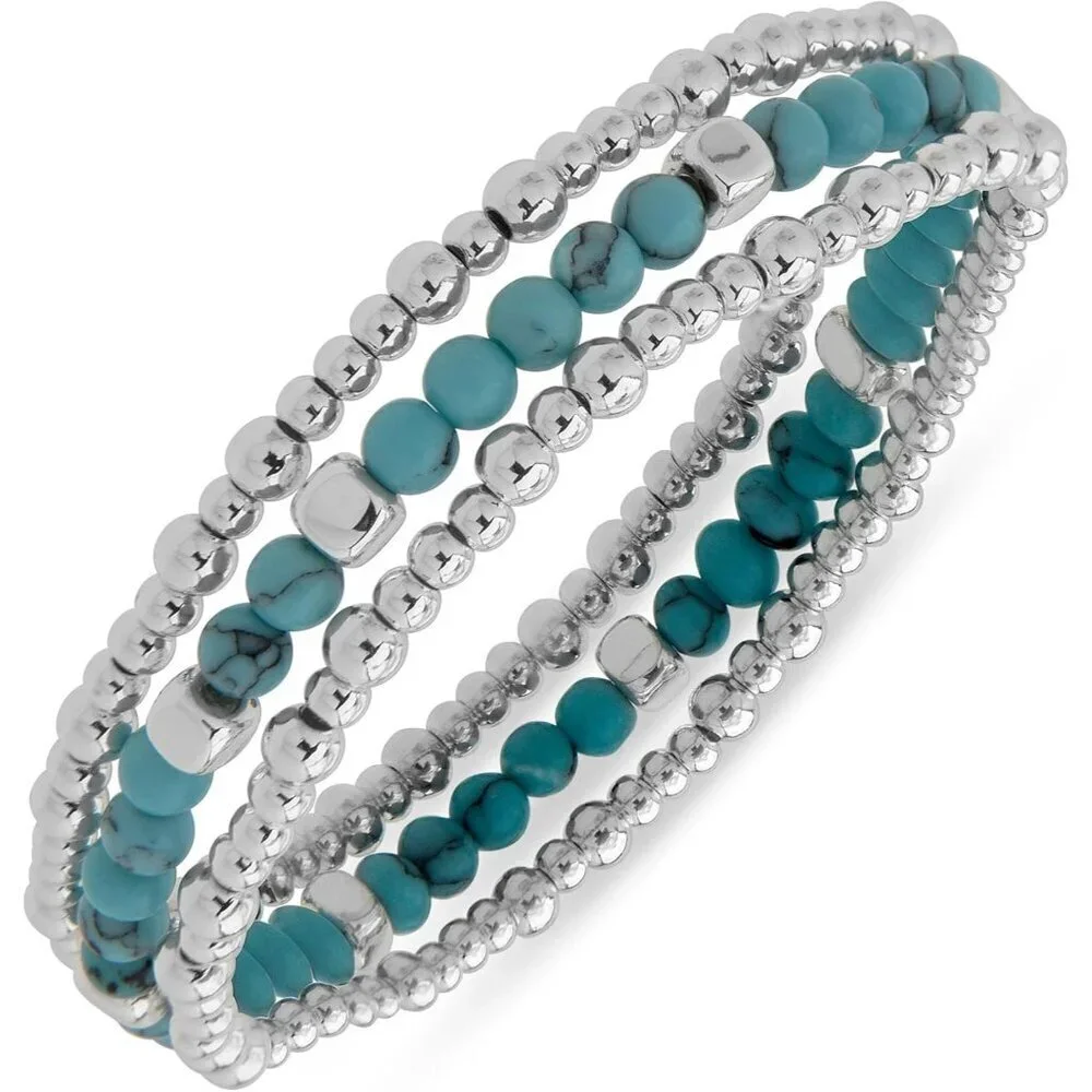 Women's Silver Tone Turquoise Set Of 3 Metal Slide Clasp Stretch Bracelet